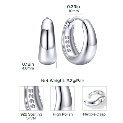 Sterling Silver hoop earrings with measurements and details on a white background