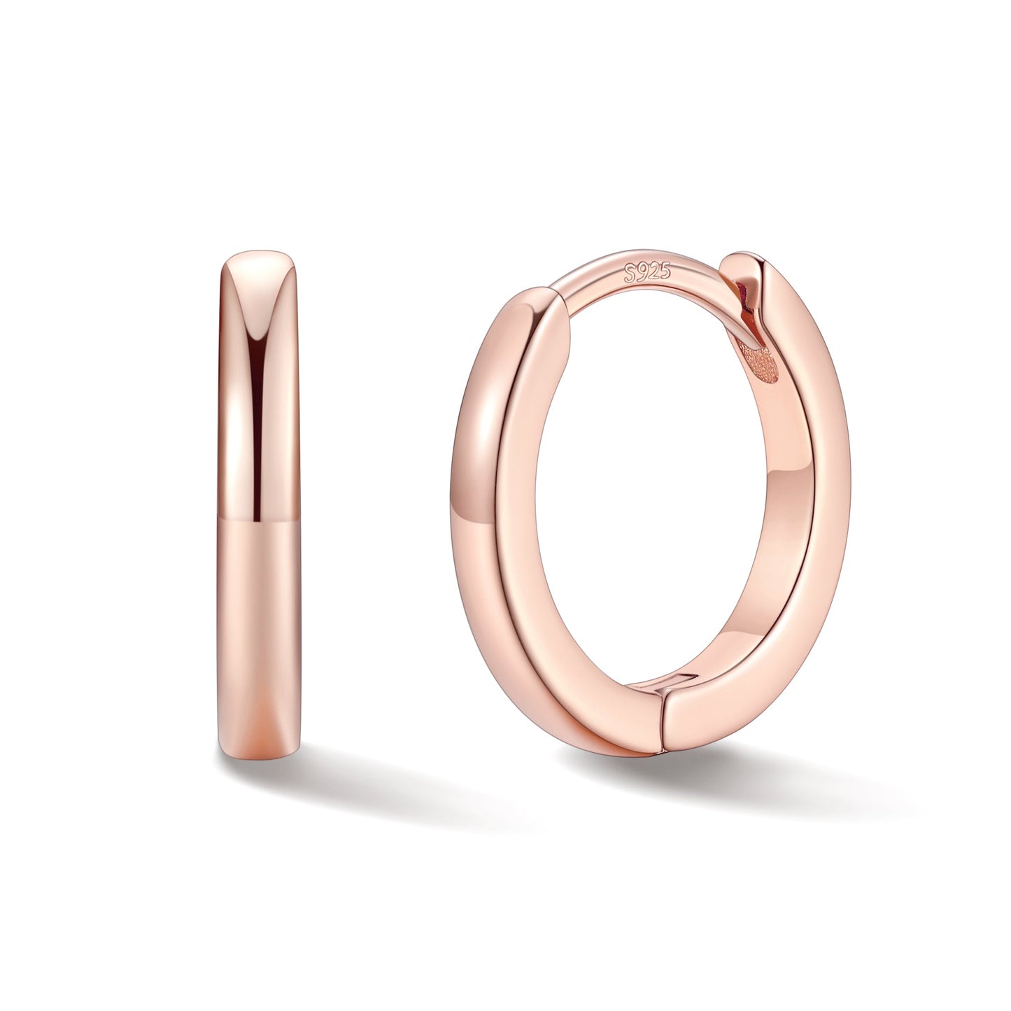Rose gold hoop earrings on a white background