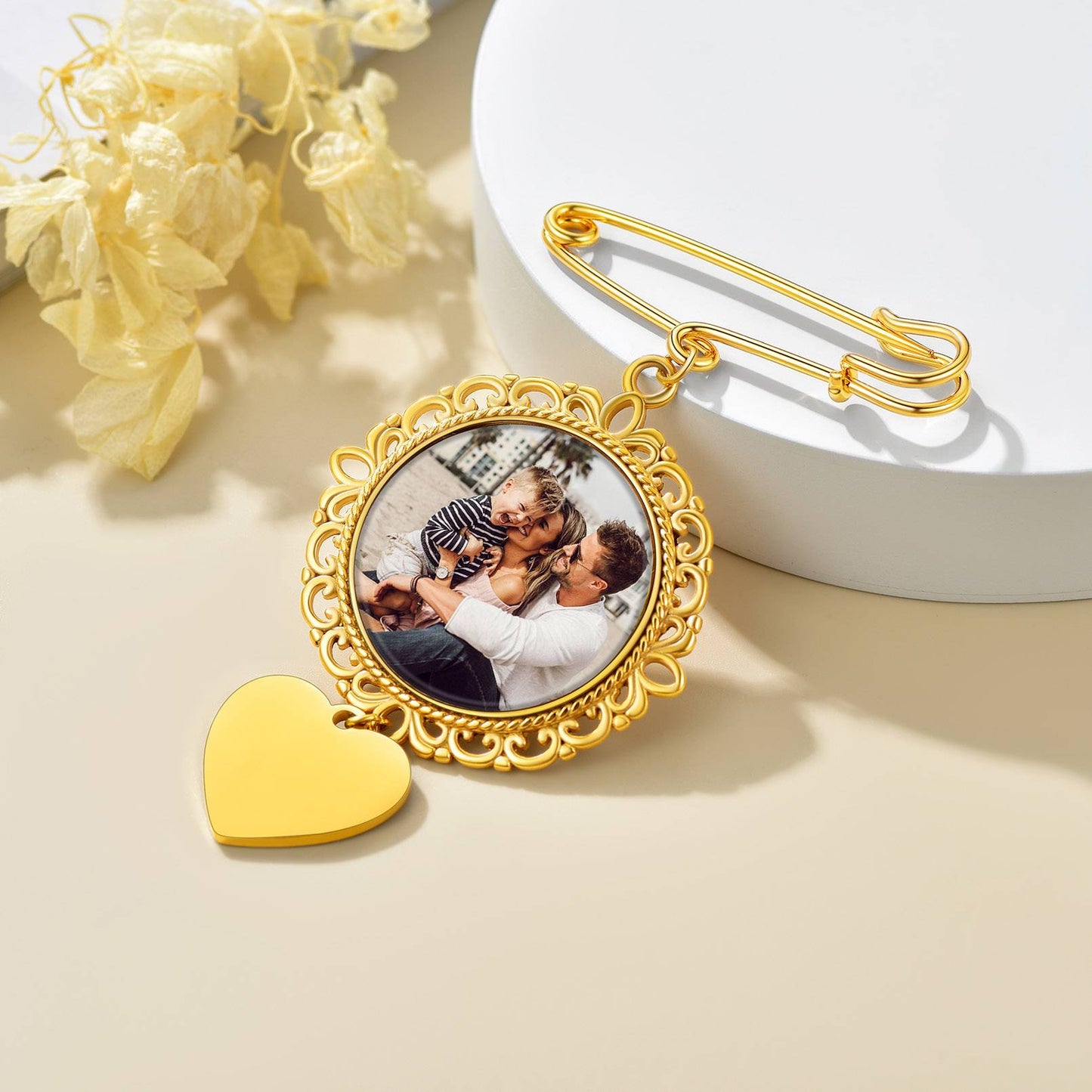 Personalized Wedding Bouquet Round Picture Charms Brooch Pins