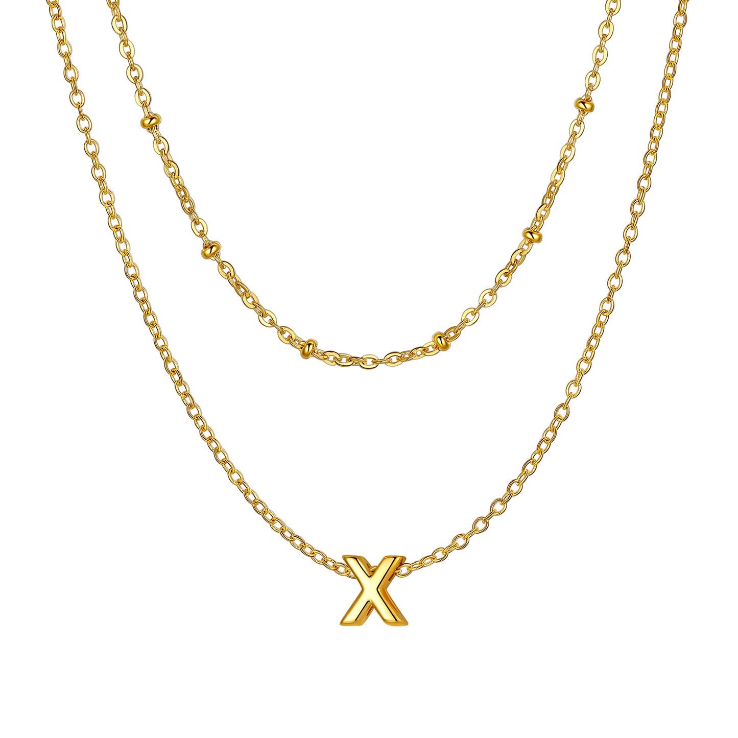 Gold x Layered initial W necklace on a white background