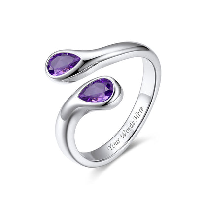 Teardrop February  Birthstone Adjustable Ring on a white background