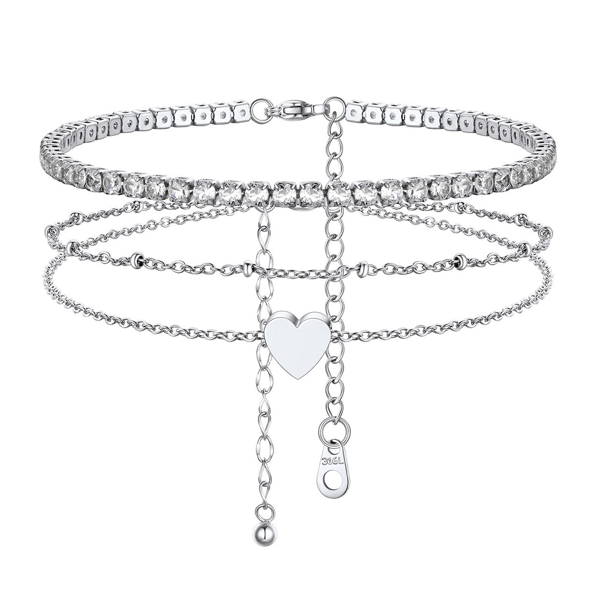 Tennis Beaded Heart  Chain Ankle Bracelet Set of 2