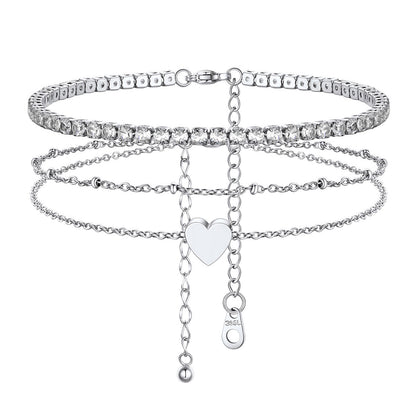 Tennis Beaded Heart  Chain Ankle Bracelet Set of 2