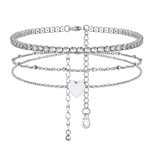 Tennis Beaded Heart  Chain Ankle Bracelet Set of 2