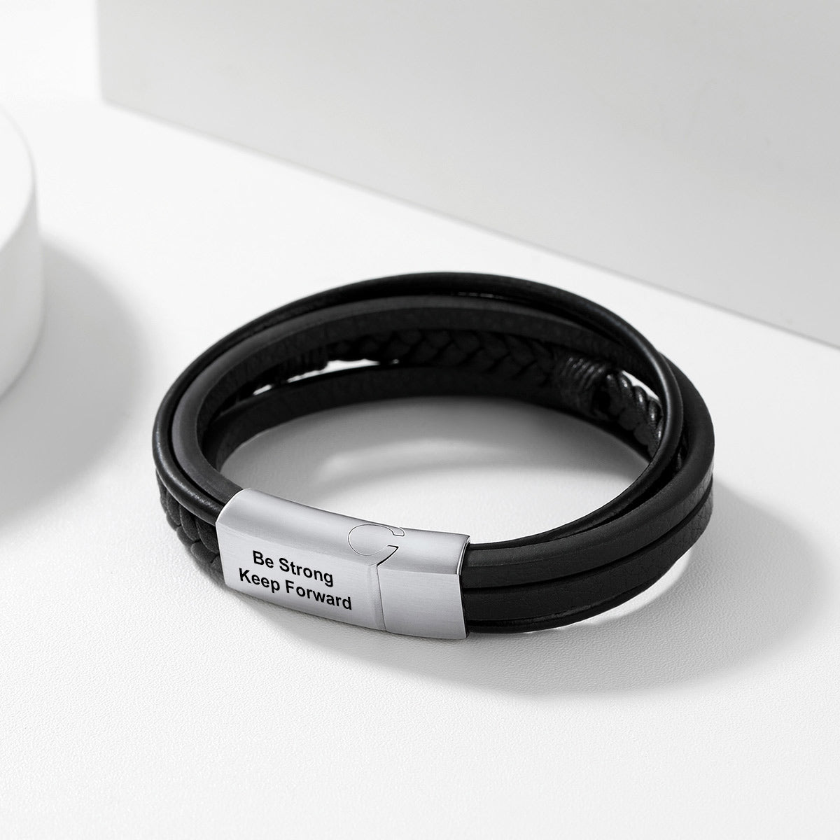 Text Engraved Leaf Braided Leather Bracelet for Men