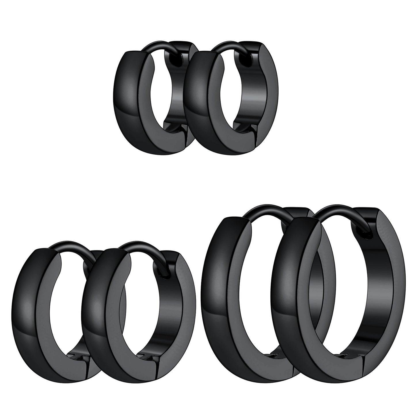 Three pairs of polished black huggie hoop earrings shown in three sizes on a plain white background.