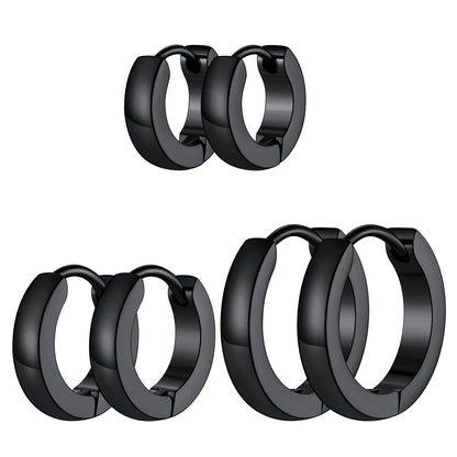 Three pairs of polished black huggie hoop earrings shown in three sizes on a plain white background.