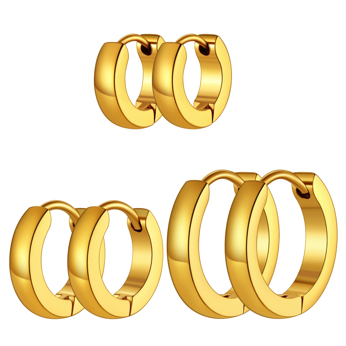 Three pairs of polished gold huggie hoop earrings shown in three sizes on a plain white background.