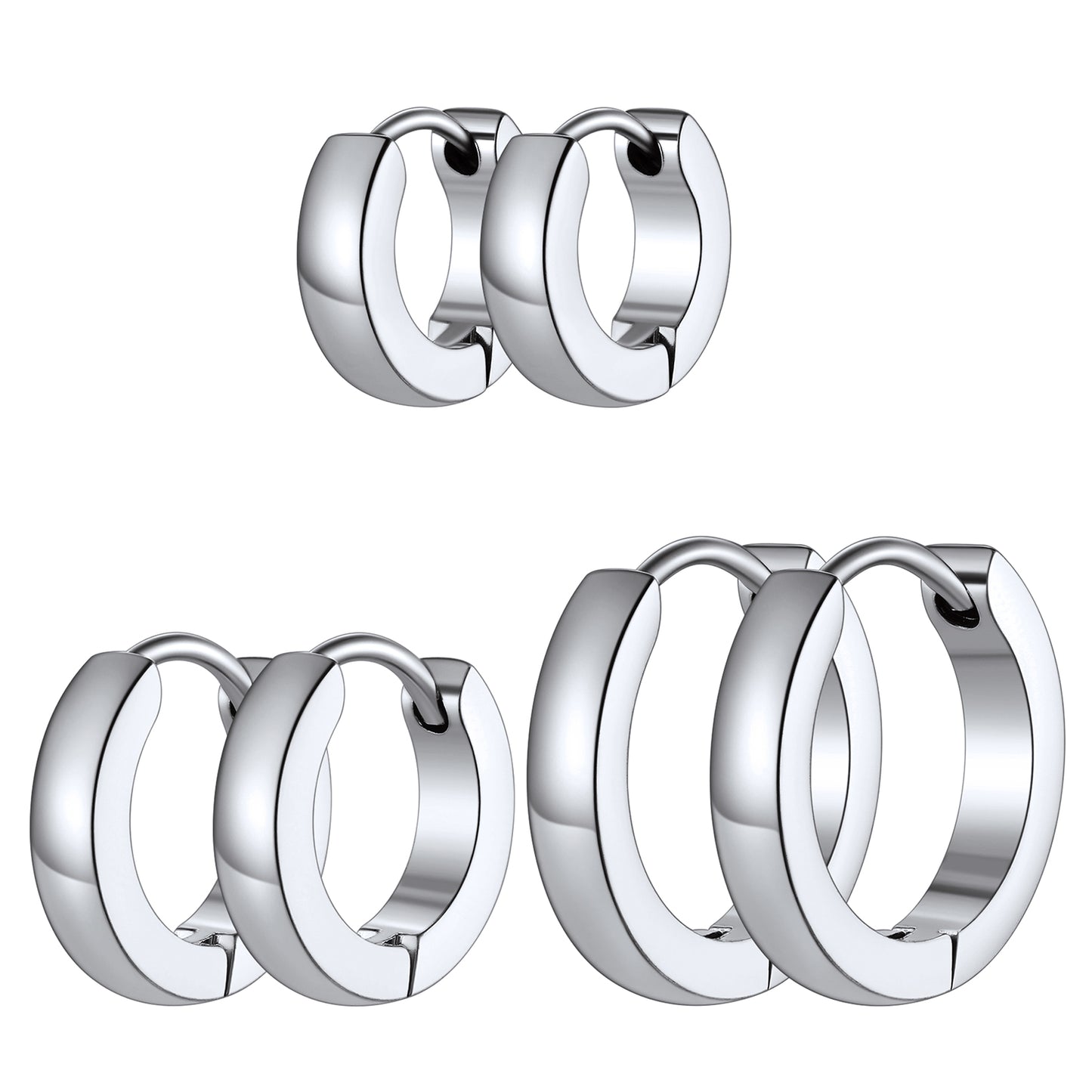 Three pairs of polished silver huggie hoop earrings shown in three sizes on a plain white background.