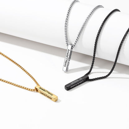 Three personalized engraved bar necklace on chains displayed on a white background. One gold chain necklace with a gold nameplate, one silver chain necklace with a silver nameplate, and one black beaded cord necklace with a black nameplate.