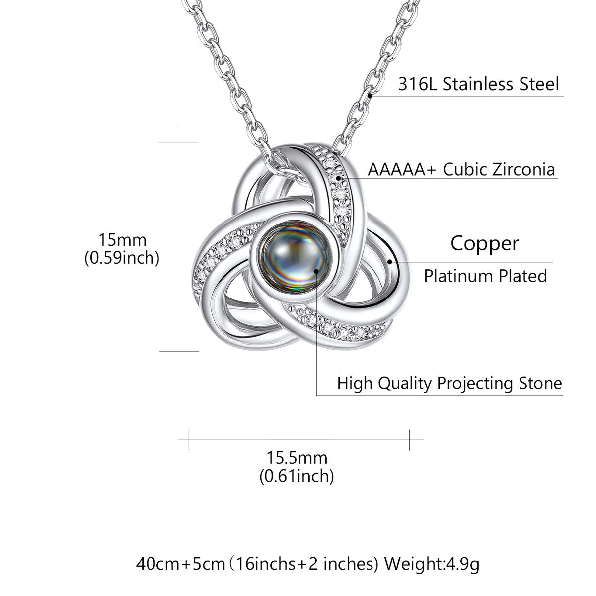 Triple Love Knot Photo Projection Necklace Dimension, Durable
