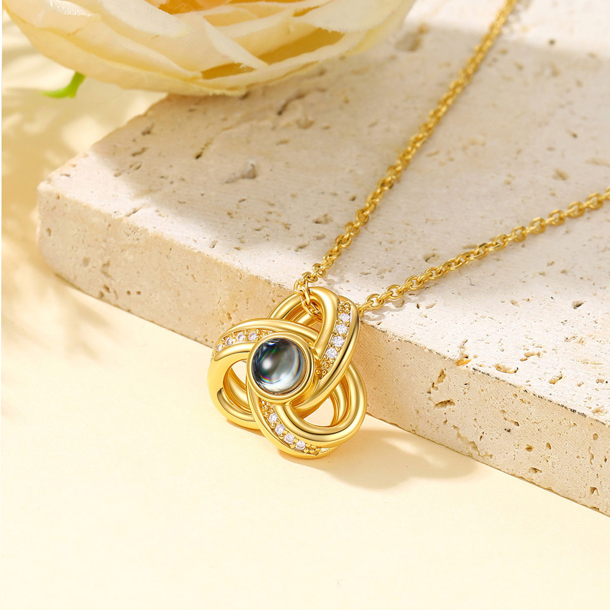 Triple Love Knot Photo Projection Necklace Gold Plated