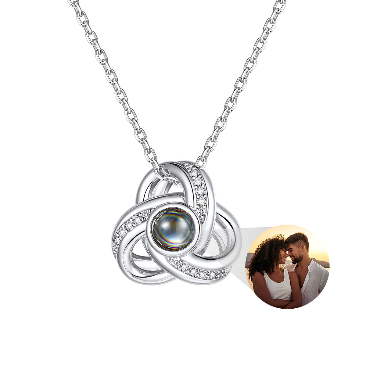 Triple Love Knot Photo Projection Necklace in White Gold Plated