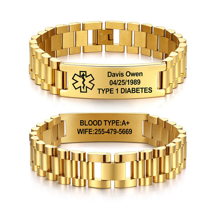 Two gold-plated metal link medical alert bracelets shown on a white background, one above the other. Each bracelet has a central engraved plate with black text and a medical symbol.