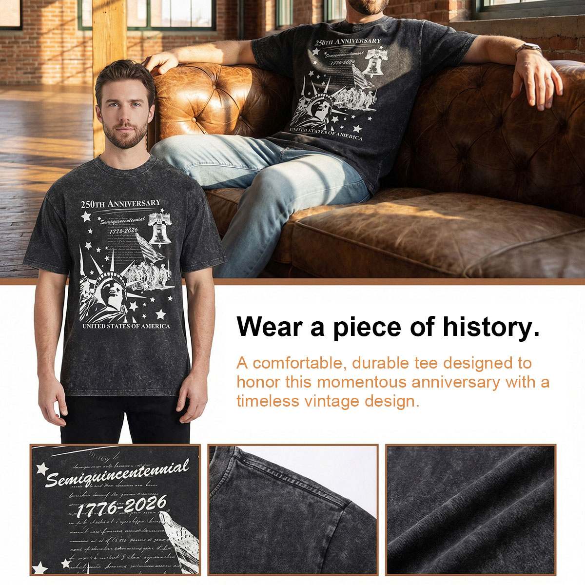 Two men wearing 4th of July commemorative t-shirts with vintage design elements, sitting on a couch.