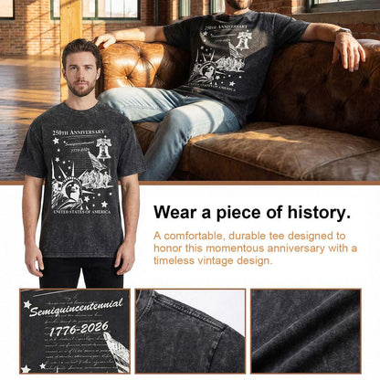 Two men wearing 4th of July commemorative t-shirts with vintage design elements, sitting on a couch.