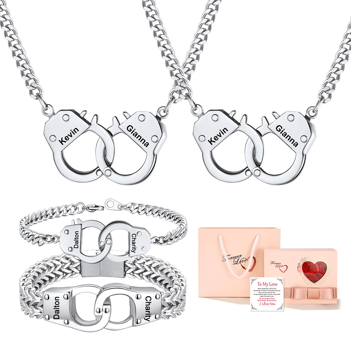 Two silver handcuff-shaped necklaces and two matching bracelets with engraved names (Kevin and Glanna, and Dalton and Amy), shown alongside a peach gift bag and a small heart-themed gift box on a white background.