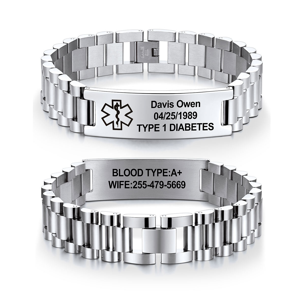 Two stainless steel link medical alert bracelets shown on a white background, one displaying the front with an engraved medical star and personalized name/date/text, and the other showing the inside with engraved blood type and contact information.