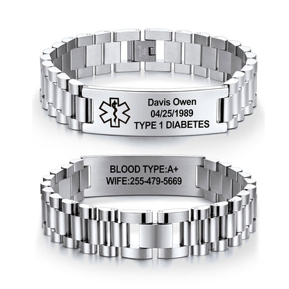 Two stainless steel link medical alert bracelets shown on a white background, one displaying the front with an engraved medical star and personalized name/date/text, and the other showing the inside with engraved blood type and contact information.