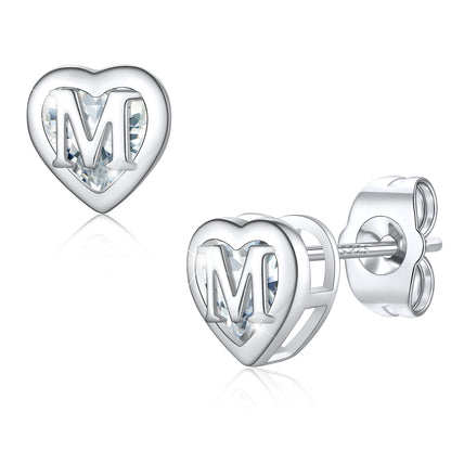 Heart Letter Initial Cubic Zirconia Stud Earrings in 925 Sterling Silver