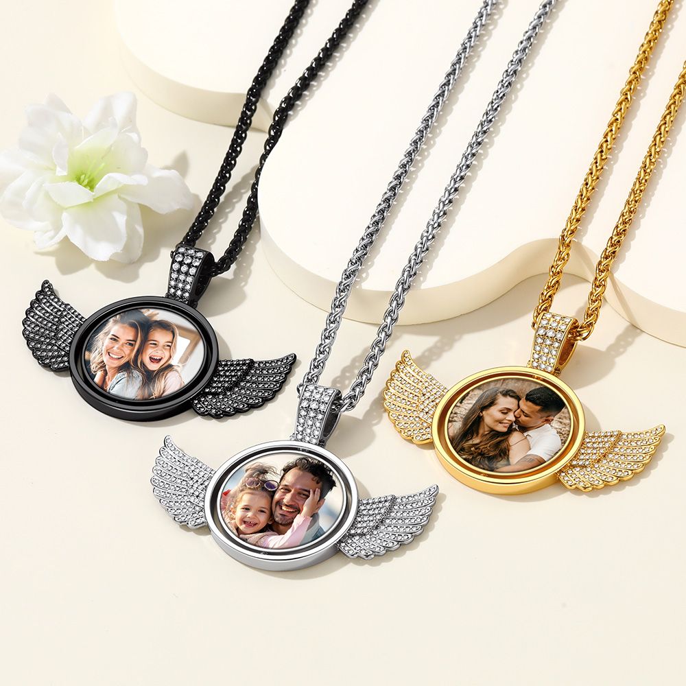 Personalized Angel Wings Rotatable Picture Necklace