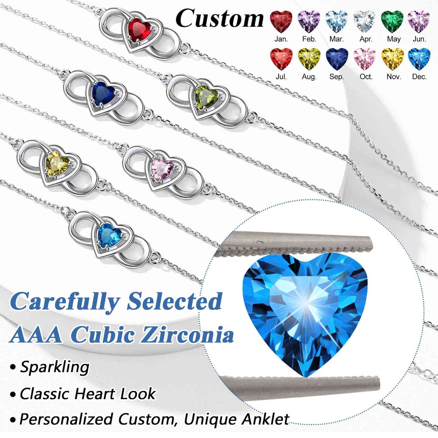 925 Sterling Silver Infinity Heart Birthstone Anklet For Women