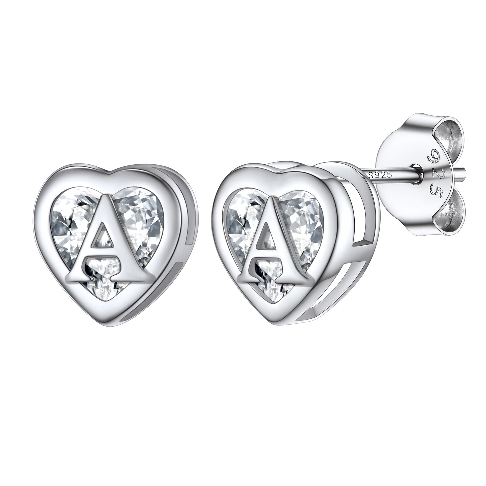 Heart Letter Initial Cubic Zirconia Stud Earrings 925 Sterling