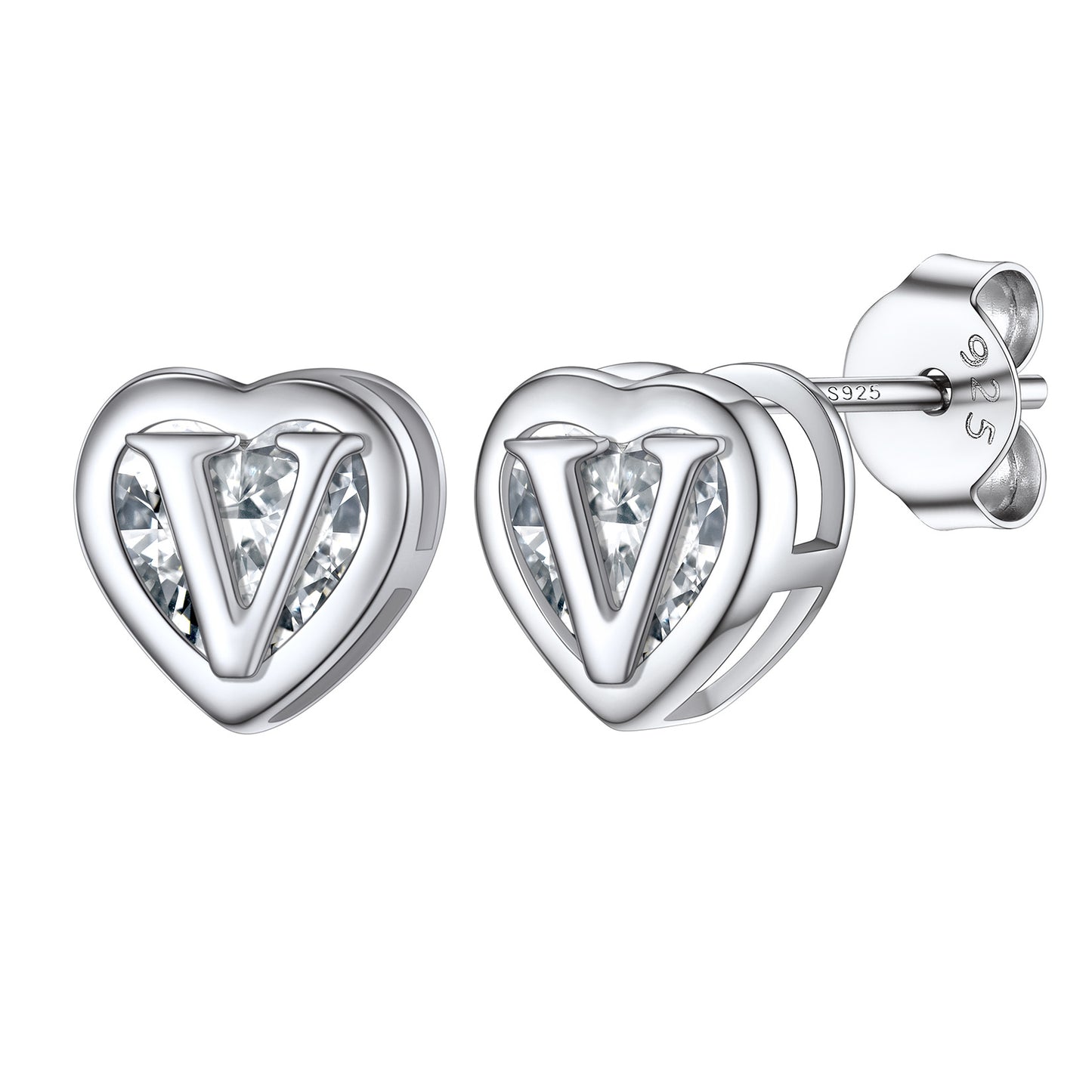 Sterling Silver Letter Initial Cubic Zirconia Heart Stud Earrings