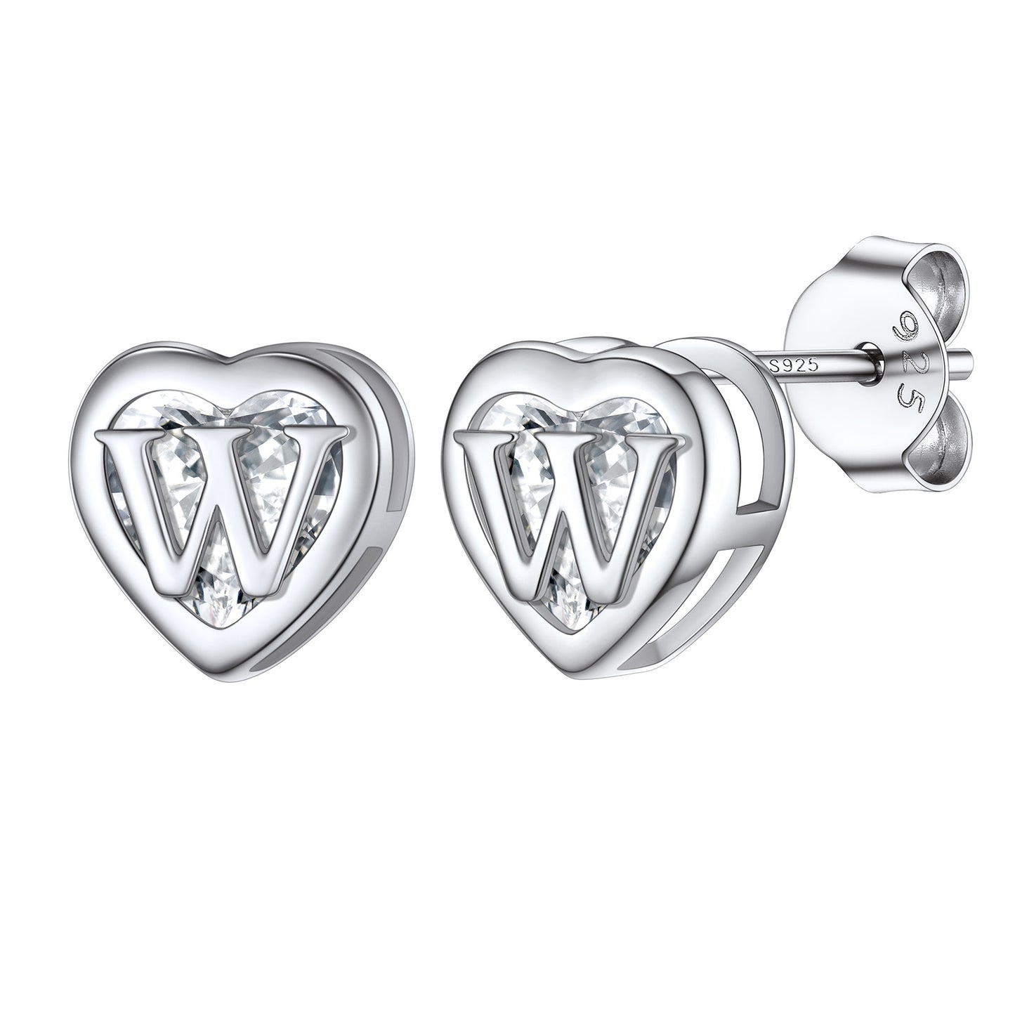 Boucles d'oreilles à tige en forme de cœur avec lettre initiale en argent sterling et zircone cubique