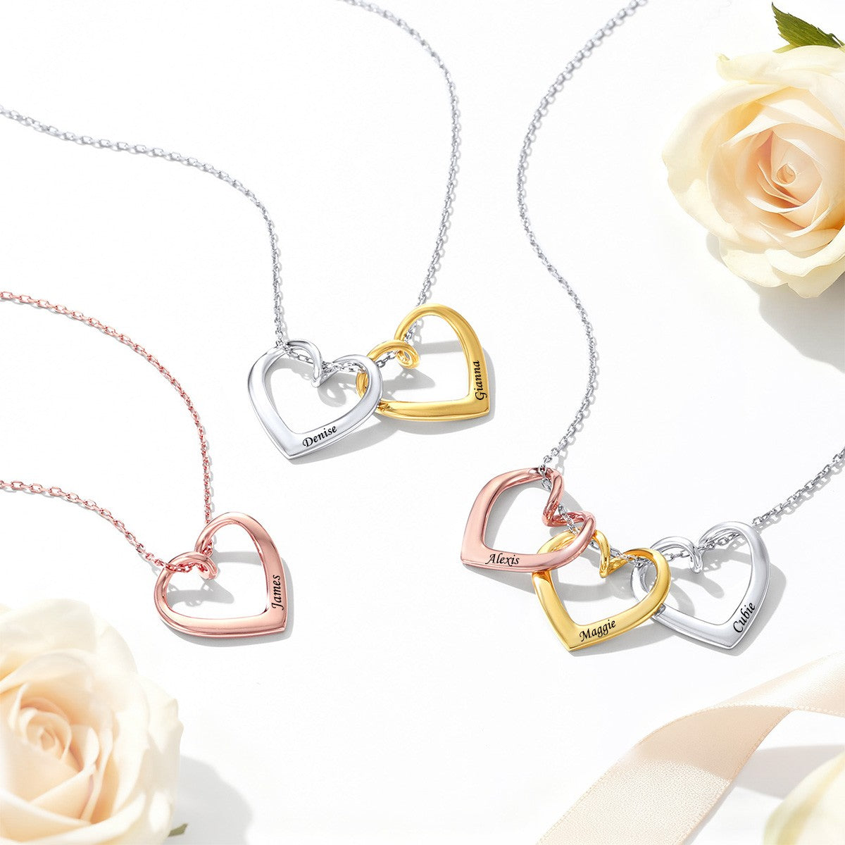 925 Sterling Silver Interlocking Heart Necklace with Names for Women