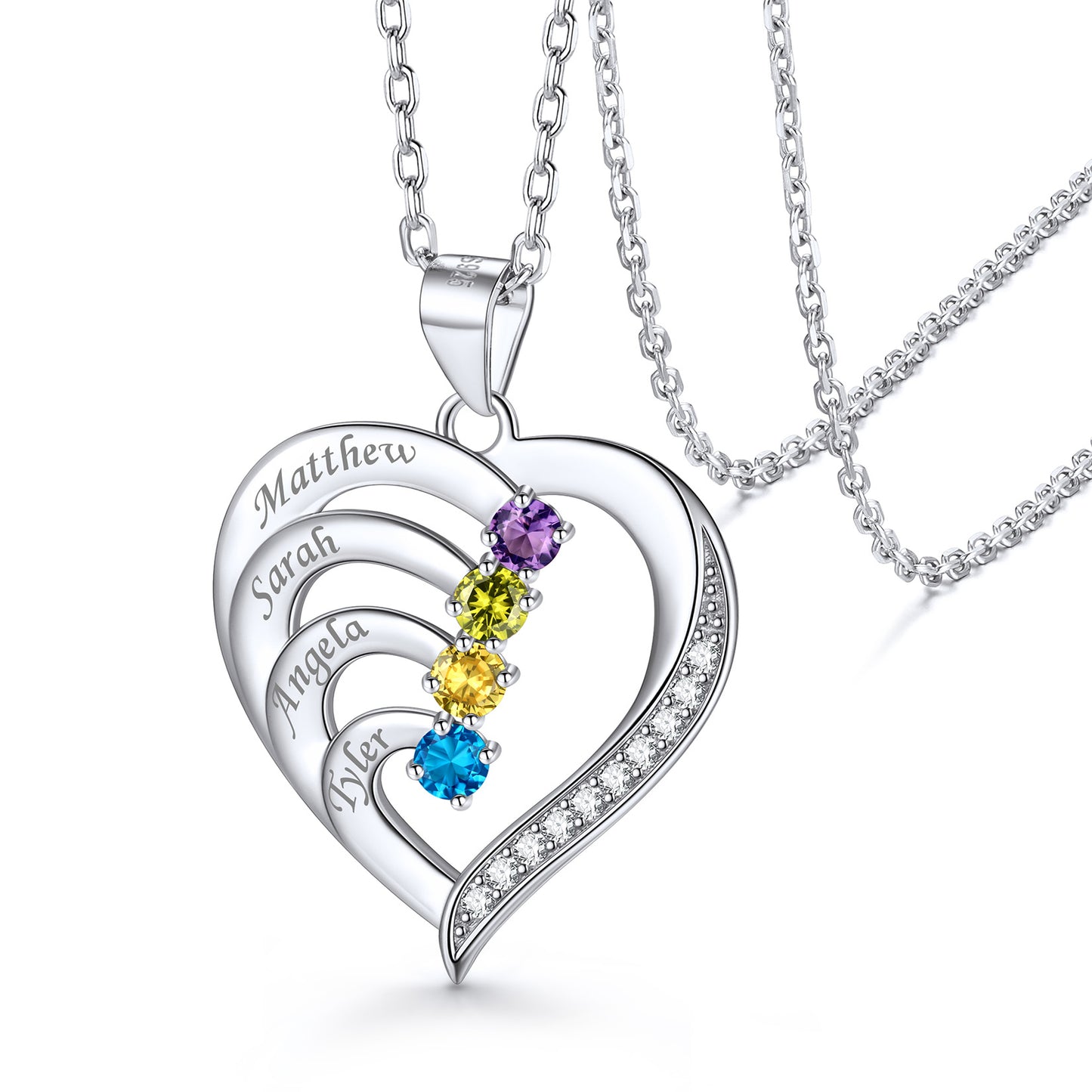 Family Birthstone Cubic Zirconia Heart Necklace With Names