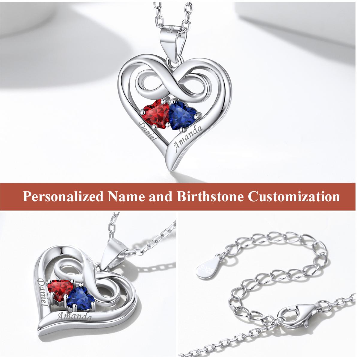 Personalized Sterling Silver Infinity Heart Necklace With 2 Birthstones