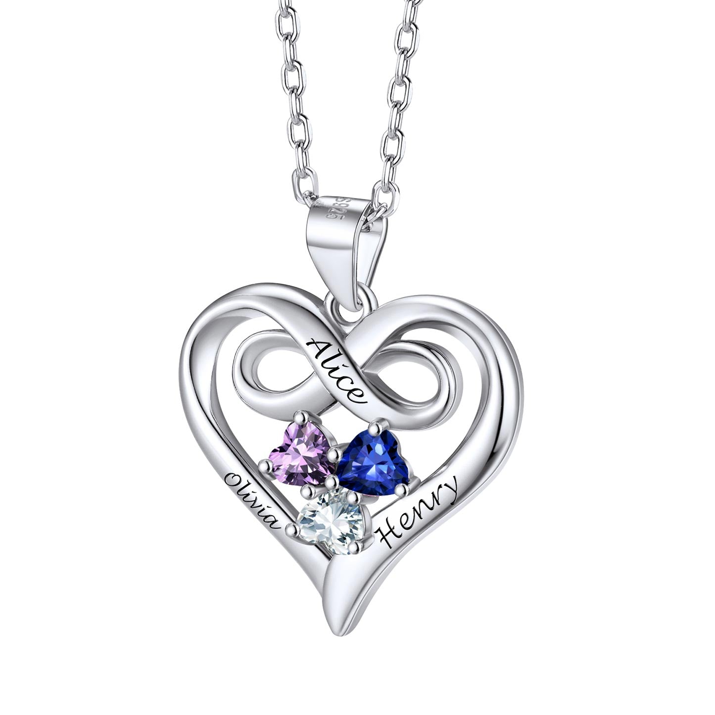 Personalized Infinity Heart Necklace With Birthstones in Sterling Silver