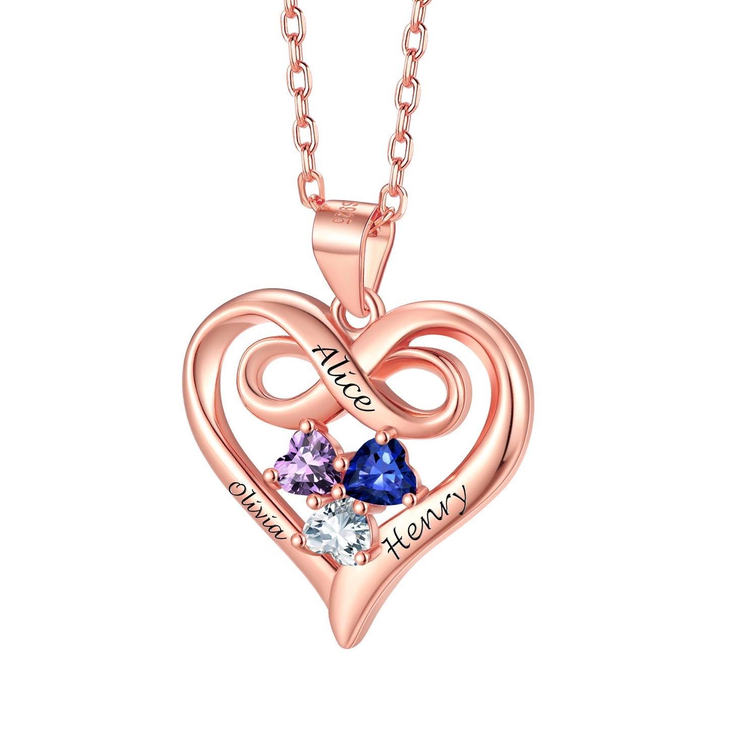 Personalized Infinity Heart Necklace With Birthstones in Sterling Silver