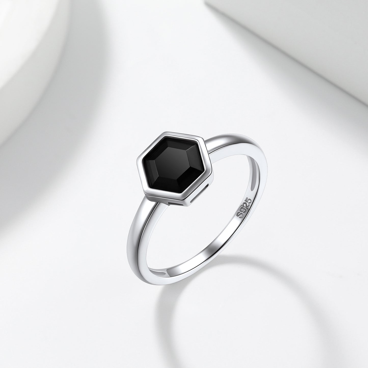Sterling Silver Black Cubic Zirconia Bezel Set Hexagon Engagement Ring