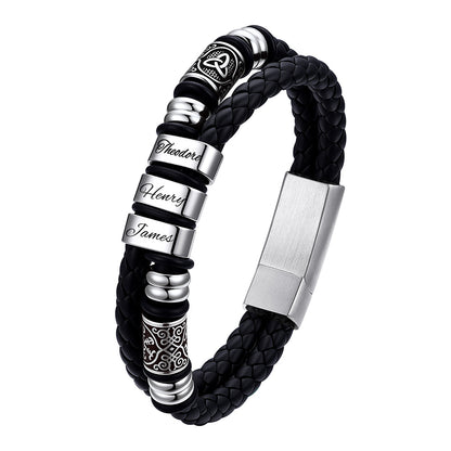 Viking Black Custom Name leather bracelet with silver cylindrical beads on a white background