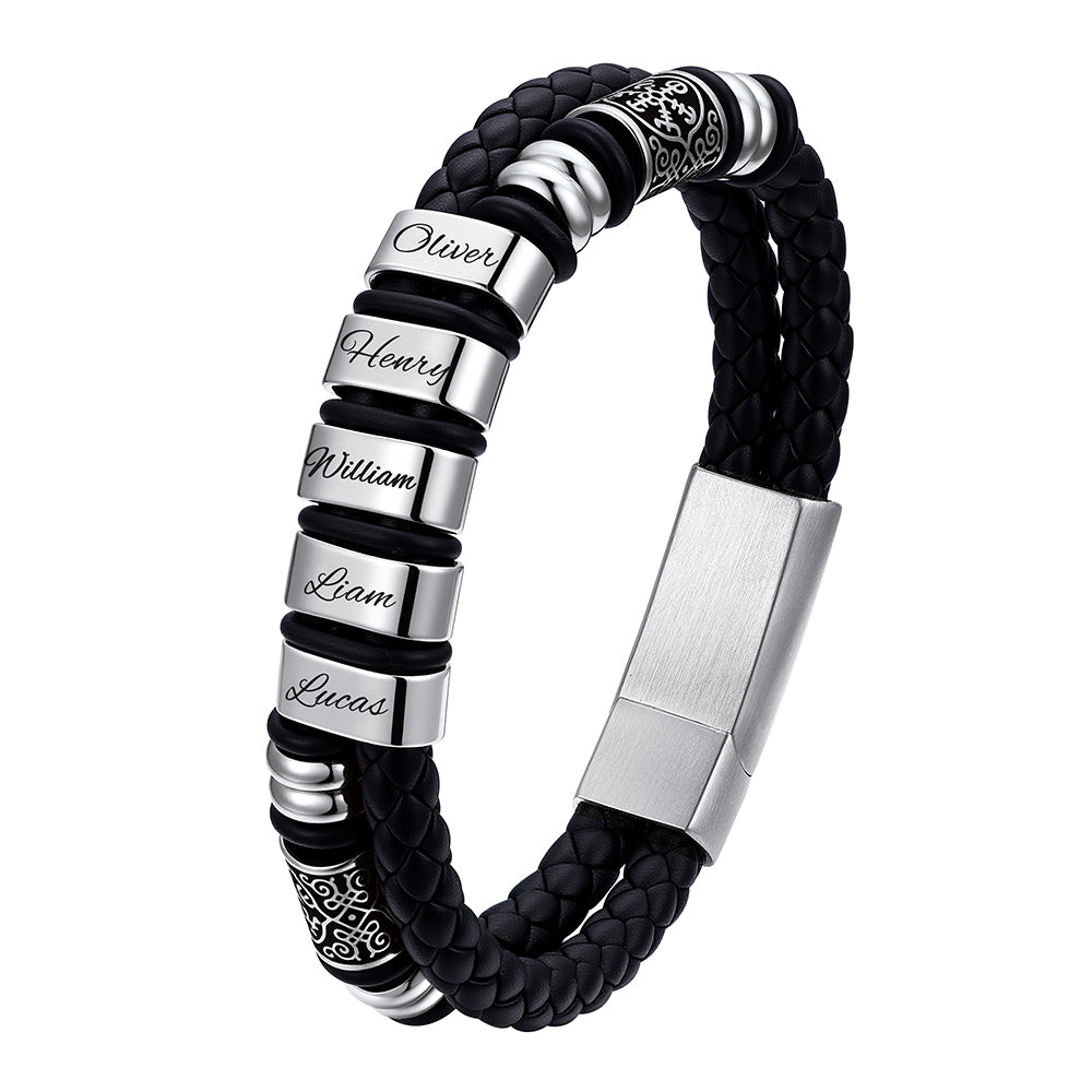 Viking Custom Name leather bracelet with silver name beads on a white background