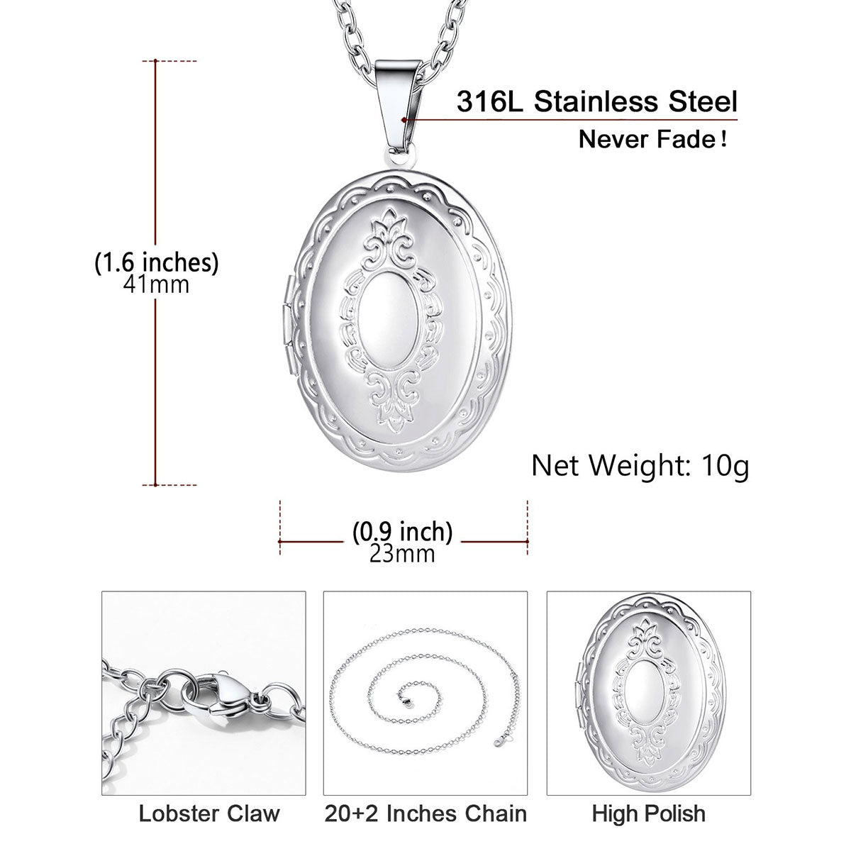Vintage Oval Photo Locket Necklace Dimension, Durable