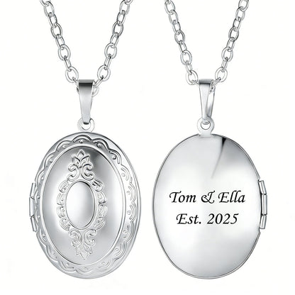 Vintage Oval Photo Locket Necklace Steel