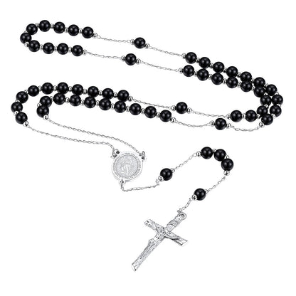 Virgin Mary Black Rosary Beads Necklace Steel