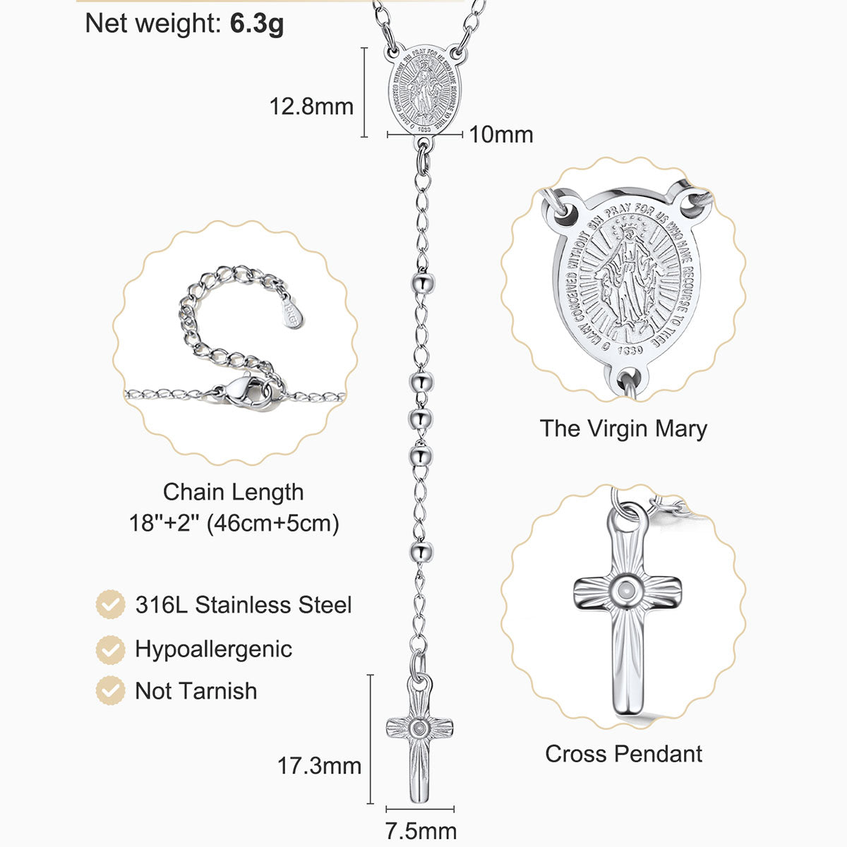 Virgin Mary Rosary Beads Cross Necklace Dimension, Durable