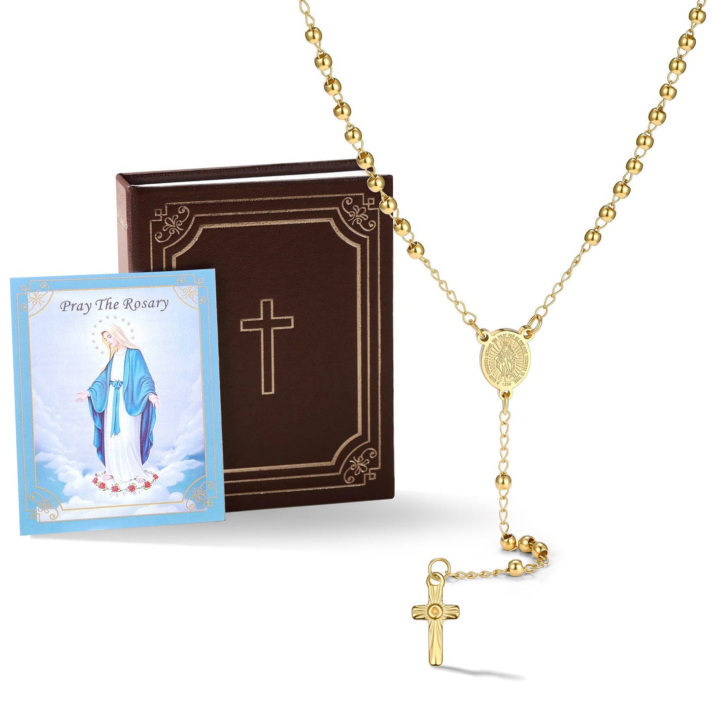 Virgin Mary Rosary Beads Cross Necklace Gold Plated