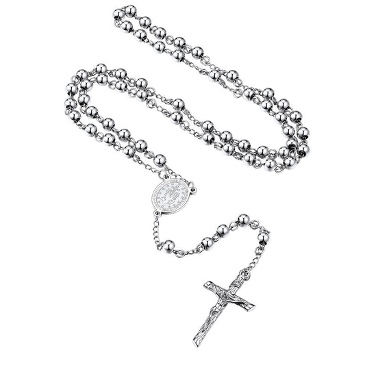 Virgin Mary Rosary Beads Necklace with Cross Stainless Steel