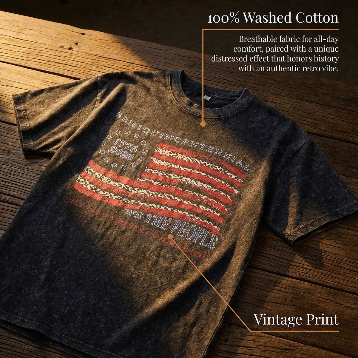 Wash Black American Flag 4th of July T-Shirt