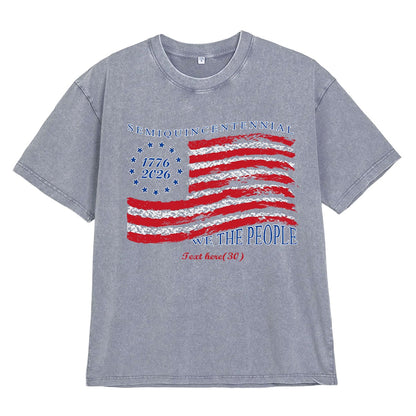 Washed Grey American Flag 4th of July T-Shirt 