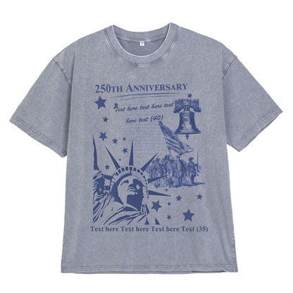 Washed Grey t-shirt with blue graphic design featuring the Statue of Liberty and text 