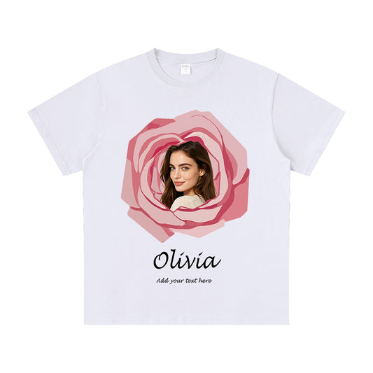 White Rose Custom Photo Text Couple T Shirt Gift for Him & Her