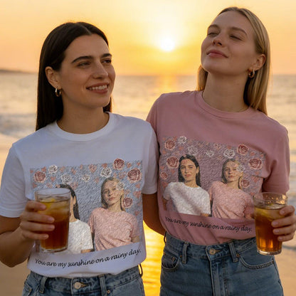White and Pink Custom Retro Photo Text Couple T Shirt  Vintage Personalized Gift for BFF