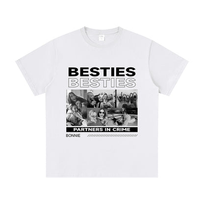 White besties t-shirt with 'BESTIES' and 'PARTNERS IN CRIME' text and collage of images on a white background