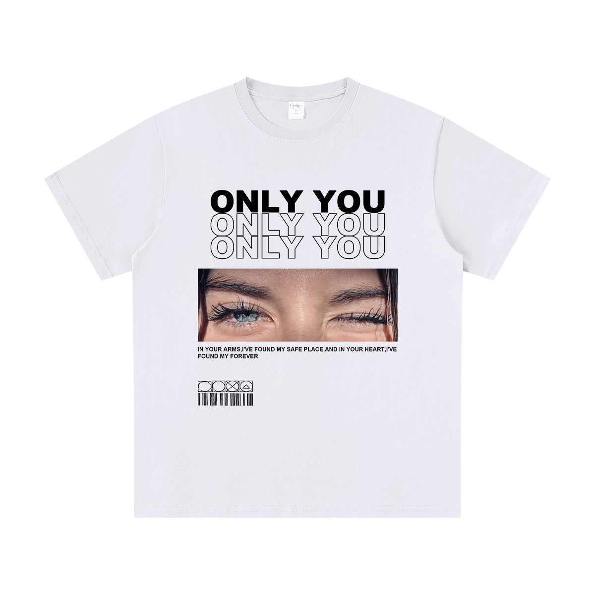 White custom eyes t-shirt with graphic design and text on a white background